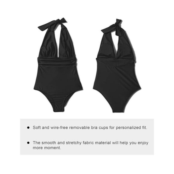 Tournesol Women's One Piece Swimsuit Halter Bathing Suit V Neck Ruched Swimwear - Picture 2 of 5